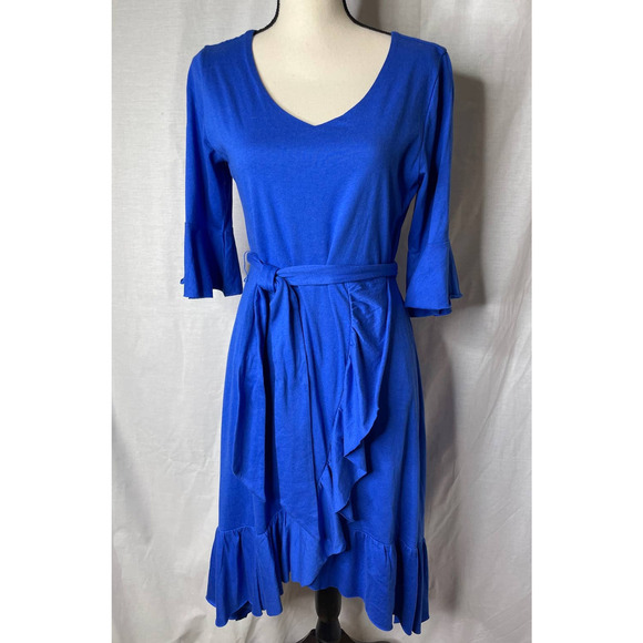 Soft Surroundings Dresses & Skirts - Soft Surroundings Midi Blue Dress Ruffled Sleeves & Hem Tie Waist Size P Small *